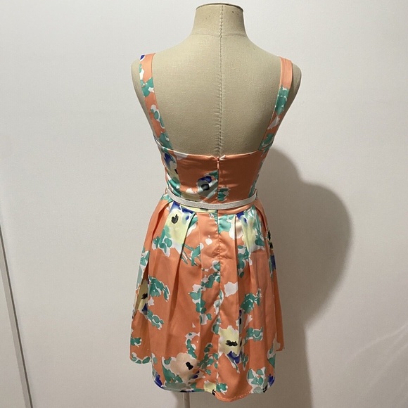 Review 8 Dress Peach Fit and Flare Floral Belt Above Knee Wedding Cocktail Party - Picture 6 of 8